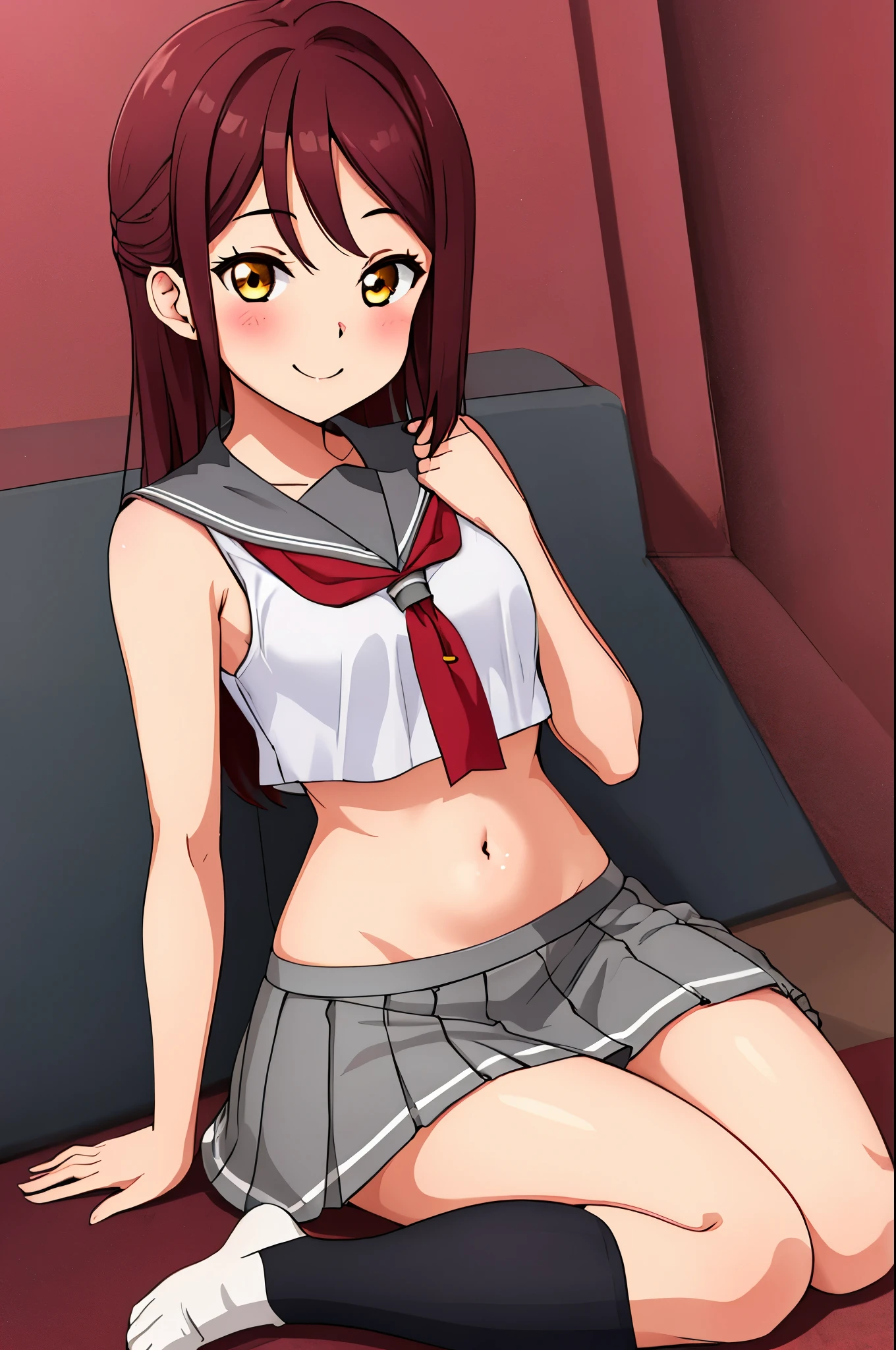 Solo,Sakurauchi riko, long hair, alternative hair, unstyled hair, blush, smile, skirt, sitting, sleeveless, pleated skirt, sitting,wariza, serafuku, grey skirt, uranohoshi ,navel,thicc thighs 