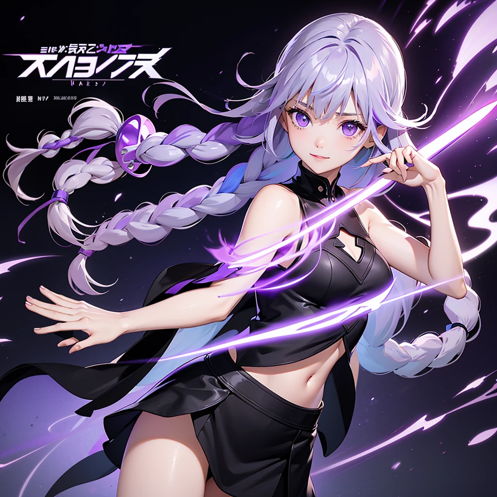 Movie Posters、Inji、highest quality、Masterpiece、Official Art、16K、Super detailedな目、Super detailed、The best composition、Award-winning works、cyber punk、1 girl、solo、Purple Eyes、Long Hair、Twin braids、The top of the head is milky white, and the hair goes down to purple gradation.、Multicolored Hair、Elbow Handbags、bangs、にLong Hair、Bare shoulders、Black Skirt、Gray Hair、dress、smile、Side cut-outs、Covered navel、Cut out the side、Vehicles of the Future、The speed of the vehicle、Purple light afterimage after running、There is a black hole in the center of the screen and a girl emerges from the center of the hole.、Purple Long Sword、The whole thing is sparkling with holograms.、