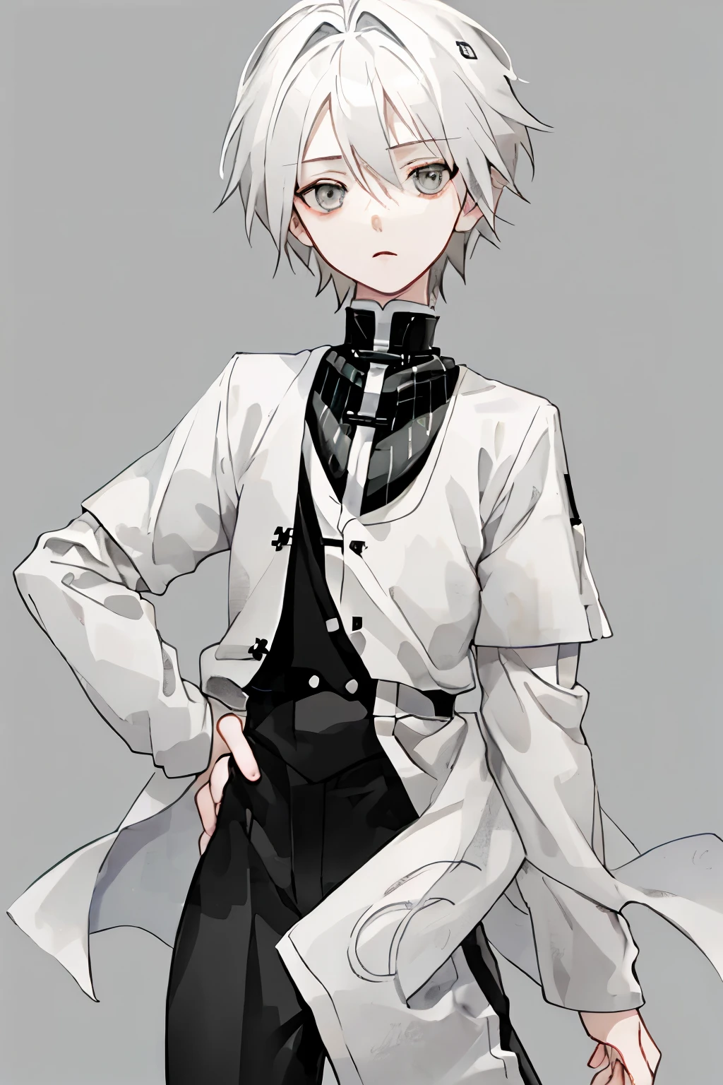 Androgynous looking 15-year-old boy、White Hair、Gray eyes、Shortonotone clothing、whole body、front、No background