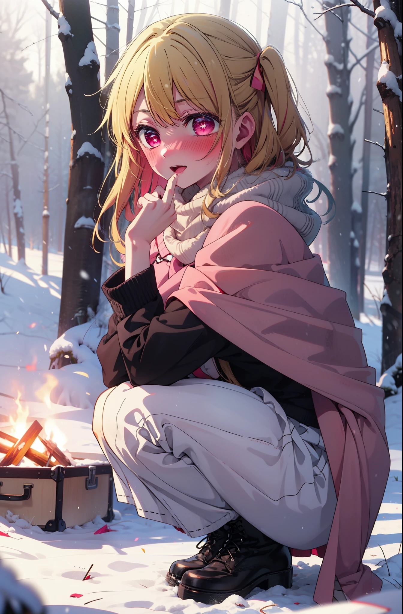 rubyhoshino, Hoshino Ruby, Long Hair, bangs, Blonde Hair, (Pink Eyes:1.3), (Symbol-shaped pupil:1.5), Multicolored Hair, Two-tone hair, smile,blush,White Breath,
Open your mouth,snow,Ground bonfire, Outdoor, boots, snowing, From the side, wood, suitcase, Cape, Blurred, , forest, White handbag, nature,  Squat, Mouth closed, Cape, winter, Written boundary depth, Black shoes, red Cape break looking at viewer, Upper Body, whole body, break Outdoor, forest, nature, break (masterpiece:1.2), highest quality, High resolution, unity 8k wallpaper, (shape:0.8), (Beautiful and beautiful eyes:1.6), Highly detailed face, Perfect lighting, Highly detailed CG, (Perfect hands, Perfect Anatomy),