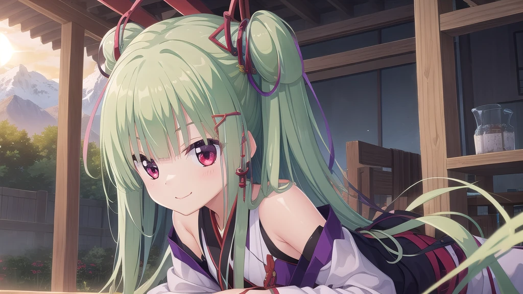 ((masterpiece)),(best quality),Official Art,Extremely detailed CG,Unity 8k Wallpaper,Super detailed,Beautiful and delicate eyes,Extremely detailed face,1 girl,solitary,,(whole body:1.5),(small:1.3),Smile,,Murasame,Very long hair,Green Hair,Face Up,Purple bow,hairpin,Side chains,Bangs,Red Eyes,Neck strap,Red belt,Elegant and beautiful,Cloud sleeve hanfu,The sun is rising brightly,Thousands of mountains are like fire。