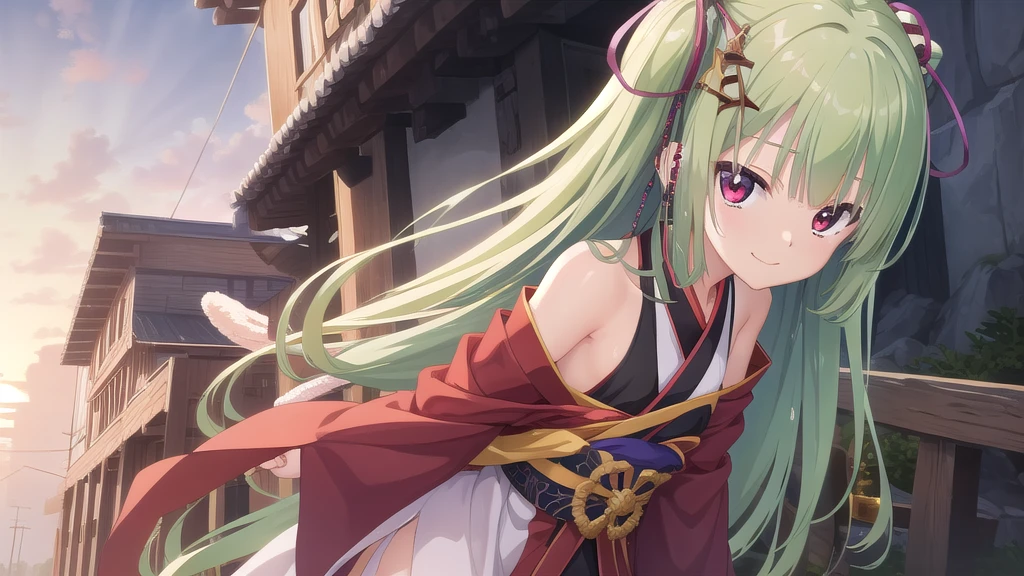 ((masterpiece)),(best quality),Official Art,Extremely detailed CG,Unity 8k Wallpaper,Super detailed,Beautiful and delicate eyes,Extremely detailed face,1 girl,solitary,,(whole body:1.5),(small:1.3),Smile,,Murasame,Very long hair,Green Hair,Face Up,Purple bow,hairpin,Side chains,Bangs,Red Eyes,Neck strap,Red belt,Elegant and beautiful，Cloud sleeve hanfu，The sun is rising brightly,Thousands of mountains are like fire。