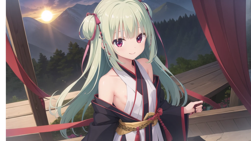 ((masterpiece)),(best quality),Official Art,Extremely detailed CG,Unity 8k Wallpaper,Super detailed,Beautiful and delicate eyes,Extremely detailed face,1 girl,solitary,,(whole body:1.5),(small:1.3),Smile,,Murasame,Very long hair,Green Hair,Face Up,Purple bow,hairpin,Side chains,Bangs,Red Eyes,Neck strap,Red belt,Elegant and beautiful，Cloud sleeve hanfu，The sun is rising brightly,Thousands of mountains are like fire。