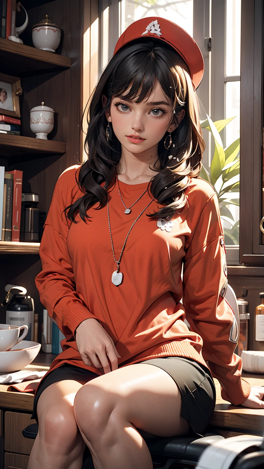 .I'm in a stylish cafe with lots of windows.、Half-length photo of a pretty and attractive woman ::3 trends, Showing off her perfect figure、Modern, form-fitting clothing ::2 Canon 6D Mark II 85mm Lens(f)Photos taken at/ 4 and ISO 100 ::3 Glamour Shot, Award-winning photo, Sharp focus, Dynamic Lighting ::1