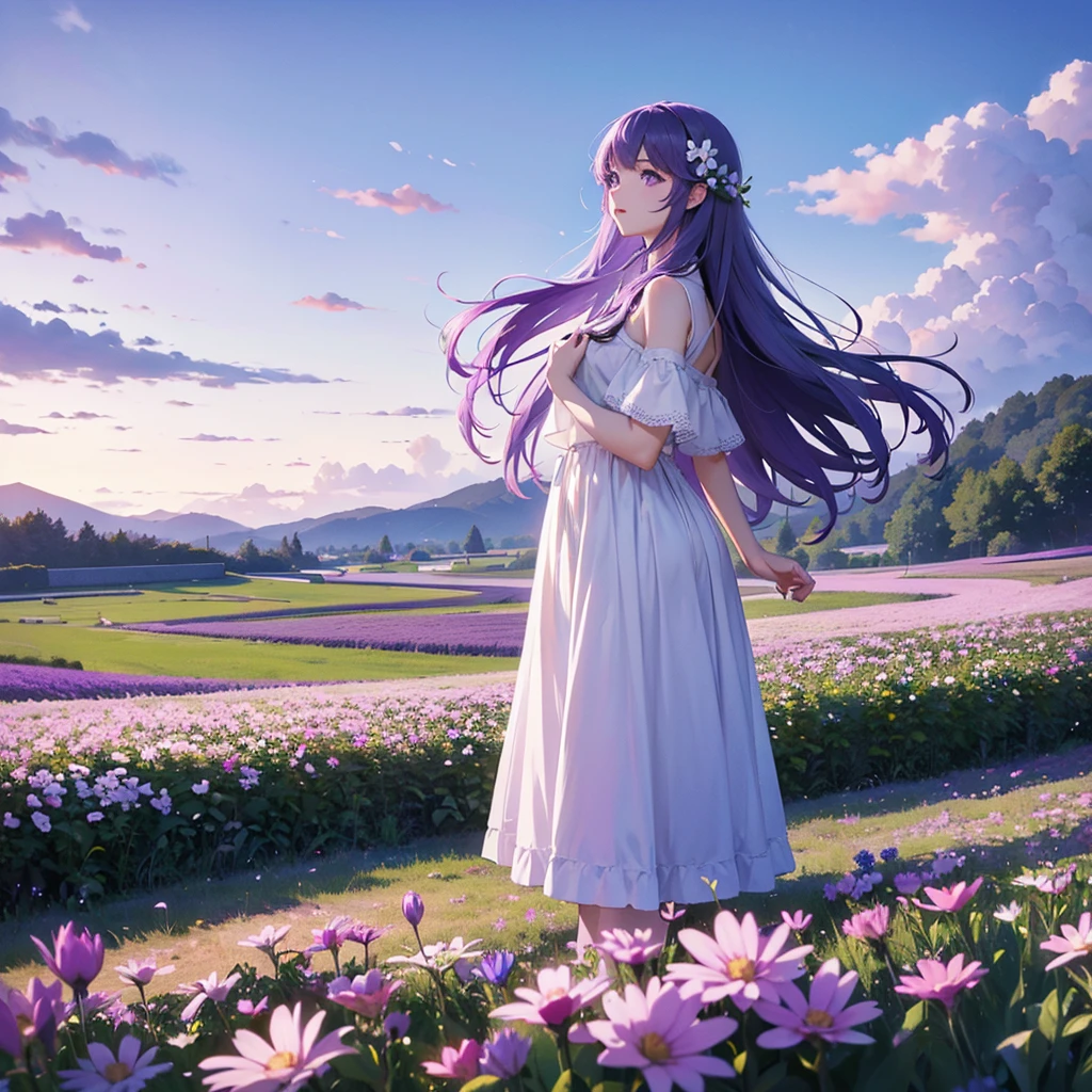 Wide open field of white flowers landscape photo, A purple-haired girl stands in a flower field and looks up at the blue sky, Art Graphic Art, professional, 4k, Very detailed