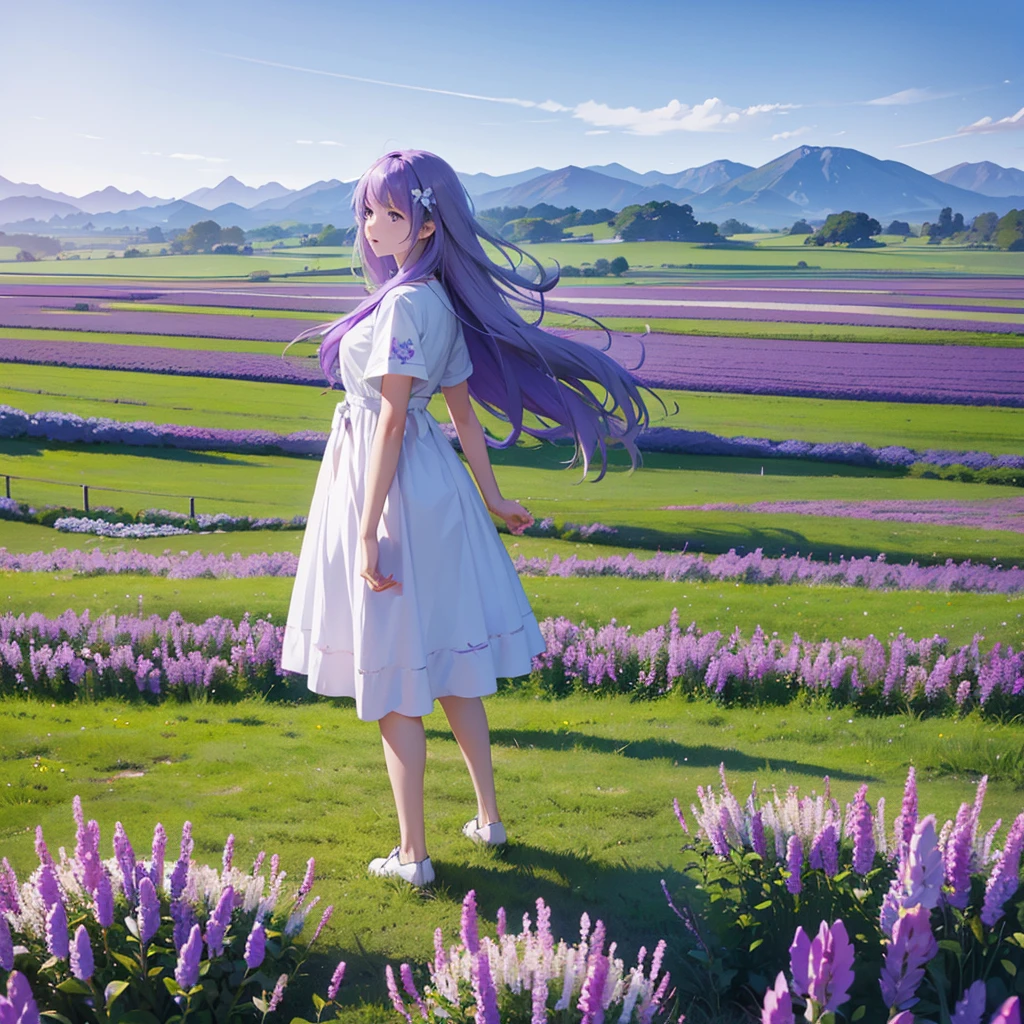 Wide open field of white flowers landscape photo, A purple-haired girl stands in a flower field and looks up at the blue sky, Art Graphic Art, professional, 4k, Very detailed