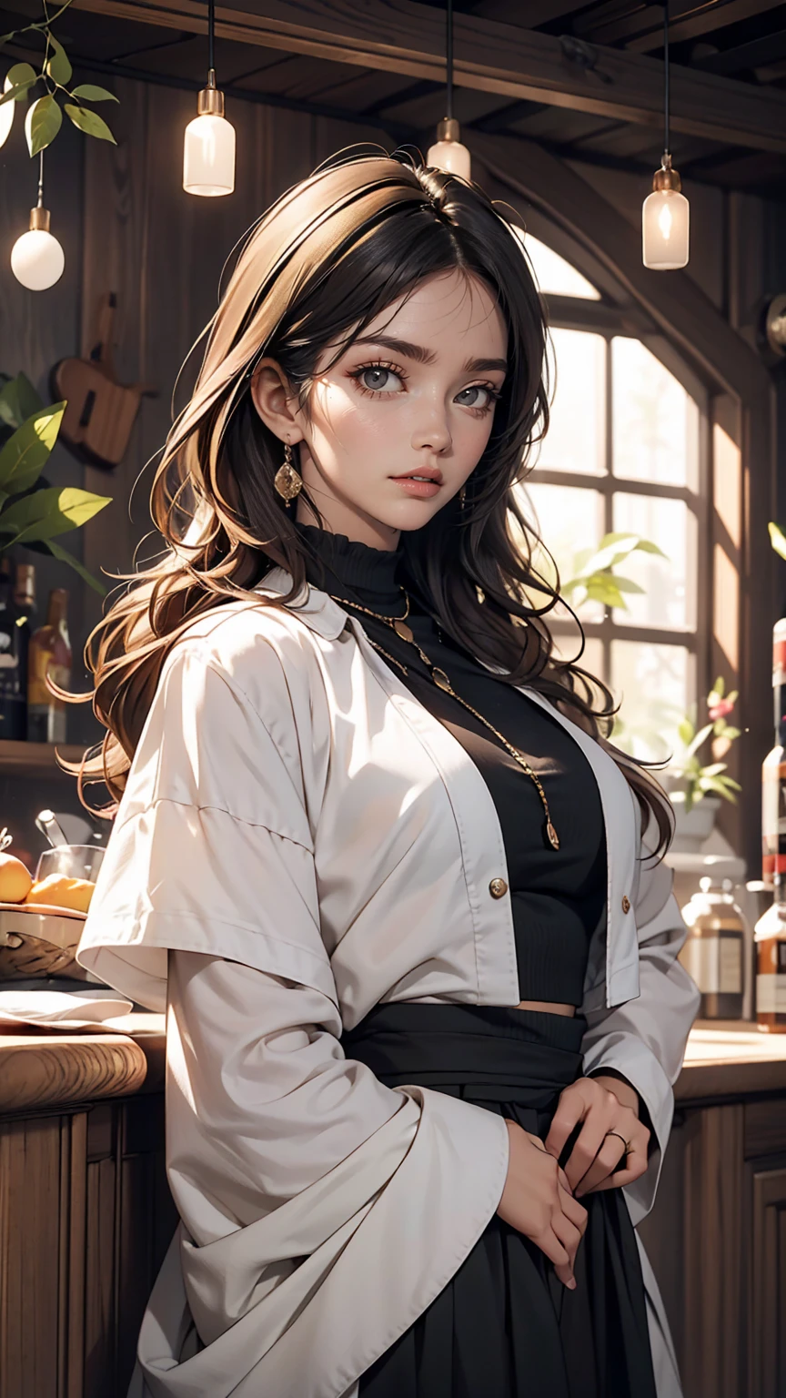 hyper realistic beautiful young woman with long brown curly hair, hyper detailed pretty attractive face, perfect body wearing black striped top and long unbuttoned hoodie, natural beauty, full image, hyper realism, sharp, full size, 8k, UHD, HDR