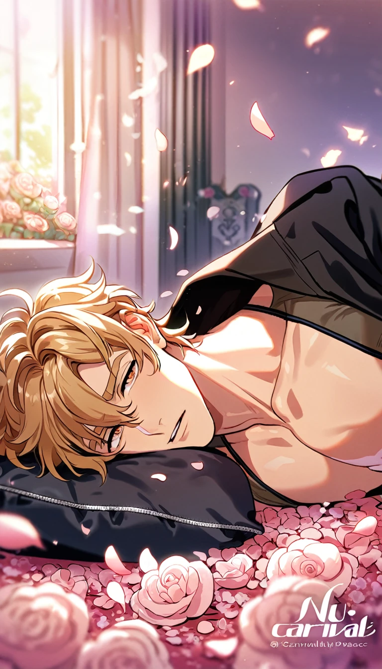absurdres, highres, ultra detailed, HDR, master piece, best quality, perfect face, Quincy, blonde messy hair, expressive amber eyes, Nu Carnival, solo, sexy man, handsome, toned chest, horny, sensual, erotic, black coat, black boxers, bed, lying on the bed, pillow, flowers, petals, room
