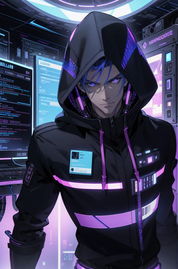 (absurdres, highres, ultra detailed), 1 male, mature, manly, tall muscular, handsome, finely detailed eyes, intricate details, portrait, looking at viewer, solo, half shot, detailed background, detailed face, (1980s synthwave theme:1.1) high-tech futuristic hacker, smirk, advanced technology, hoodie, techwear, wearable device, keycard, cables, (holographic display:1.05), computer, password, control panel in background, blue lights, dark sinister atmosphere, shadows,