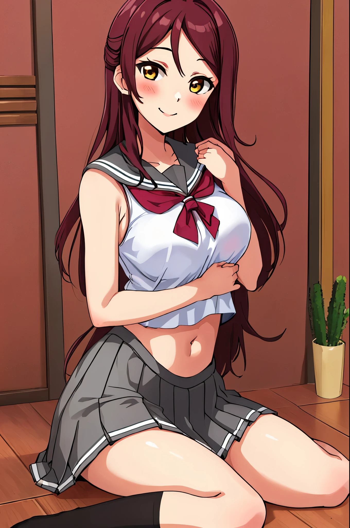 Solo,Sakurauchi riko, long hair, alternative hair, unstyled hair, blush, smile, skirt, sitting, sleeveless, pleated skirt, sitting,wariza, serafuku, grey skirt, uranohoshi ,navel,thicc thighs , crotch 