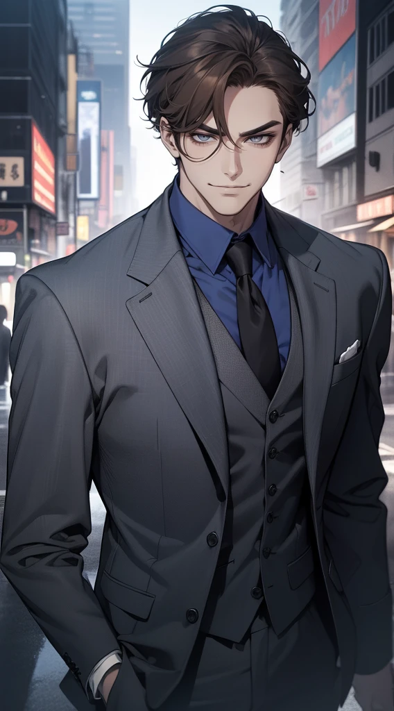 masutepiece, Best Quality, Realistic, 1man, matured male, Quiet and charming young man, 25 years old, closing eye, Serious look, extra detailed face, ((dark grey eyes)), ((Short right sweep dark brown hair)), [Thick eyebrows], detective, city, ((Blue color suit)), Cinematic lighting, gaze at the audience, Postural dynamics, Smirk