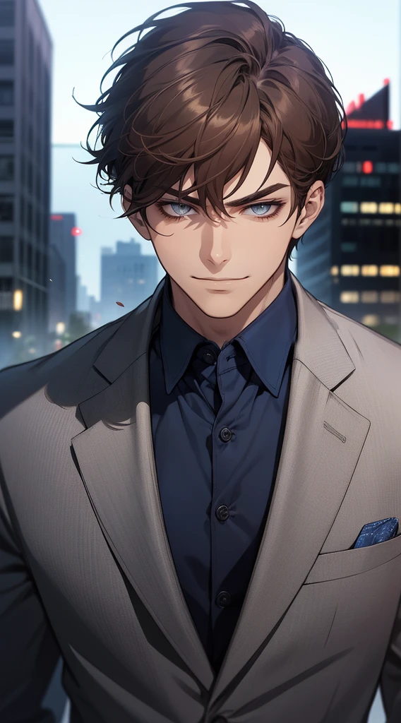 masutepiece, Best Quality, Realistic, 1man, matured male, Quiet and charming young man, 25 years old, closing eye, Serious look, extra detailed face, ((dark grey eyes)), ((Short right sweep dark brown hair)), [Thick eyebrows], detective, city, ((Blue color suit)), Cinematic lighting, gaze at the audience, Postural dynamics, Smirk