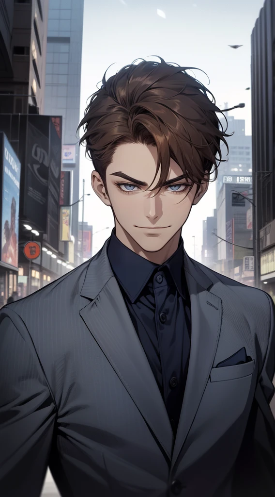 masutepiece, Best Quality, Realistic, 1man, matured male, Quiet and charming young man, 25 years old, closing eye, Serious look, extra detailed face, ((dark grey eyes)), ((Short right sweep dark brown hair)), [Thick eyebrows], detective, city, ((Blue color suit)), Cinematic lighting, gaze at the audience, Postural dynamics, Smirk