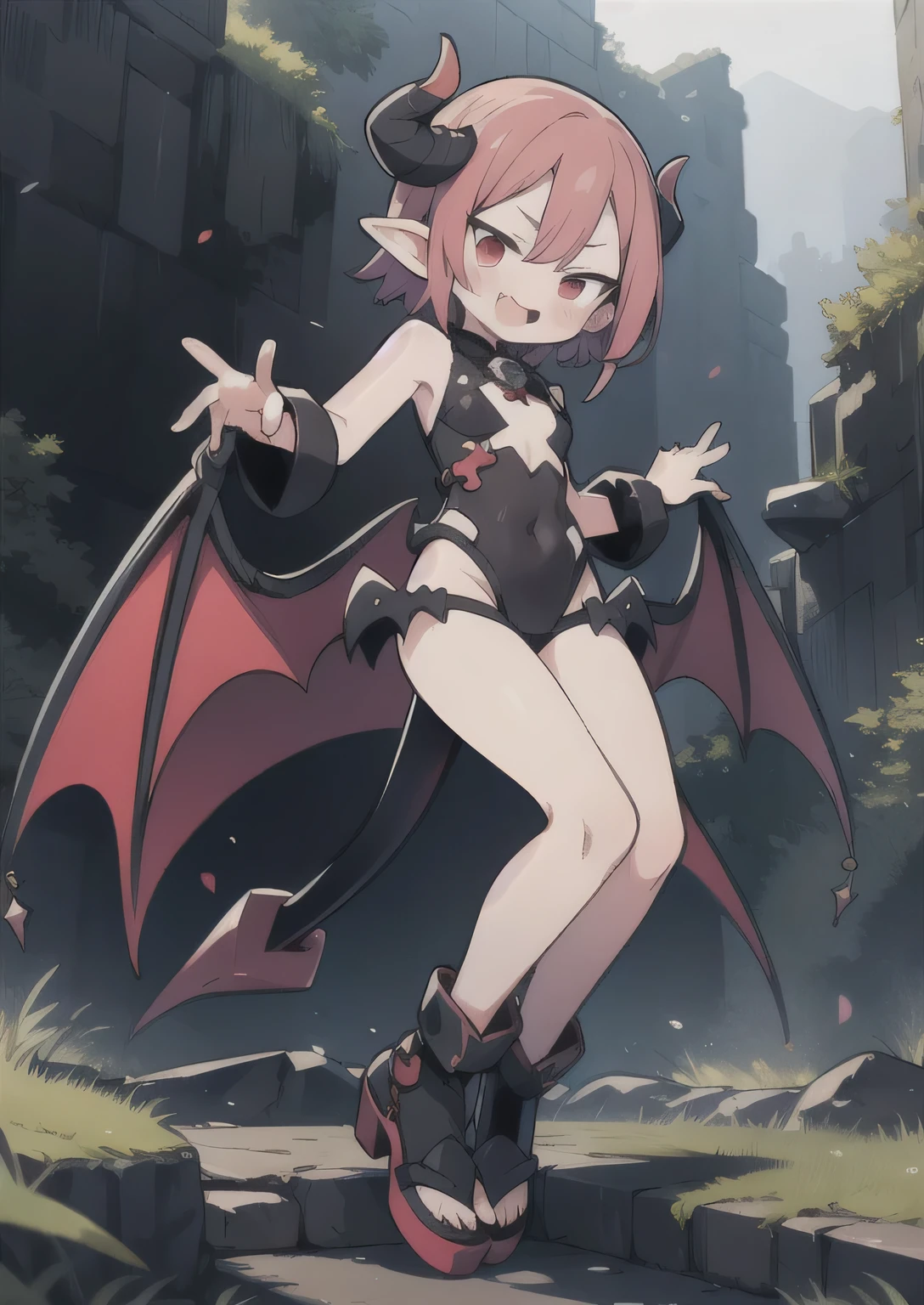 8K, femboy, petit, adult. kawaii vampire, crimson hair, short hair, red eyes, fang, bat wings, smile, (blush), (shy), pointed ears, looking at viewer, dynamic angle, wind, game cg, fantastic scenery, devil tail, demon tail, thin tail, black horns, medium breast, show full body, disgaea, nippon ichi, nis america, etna, laharl, flonn, anime, video game, asagi, Takehito Harada, sexy