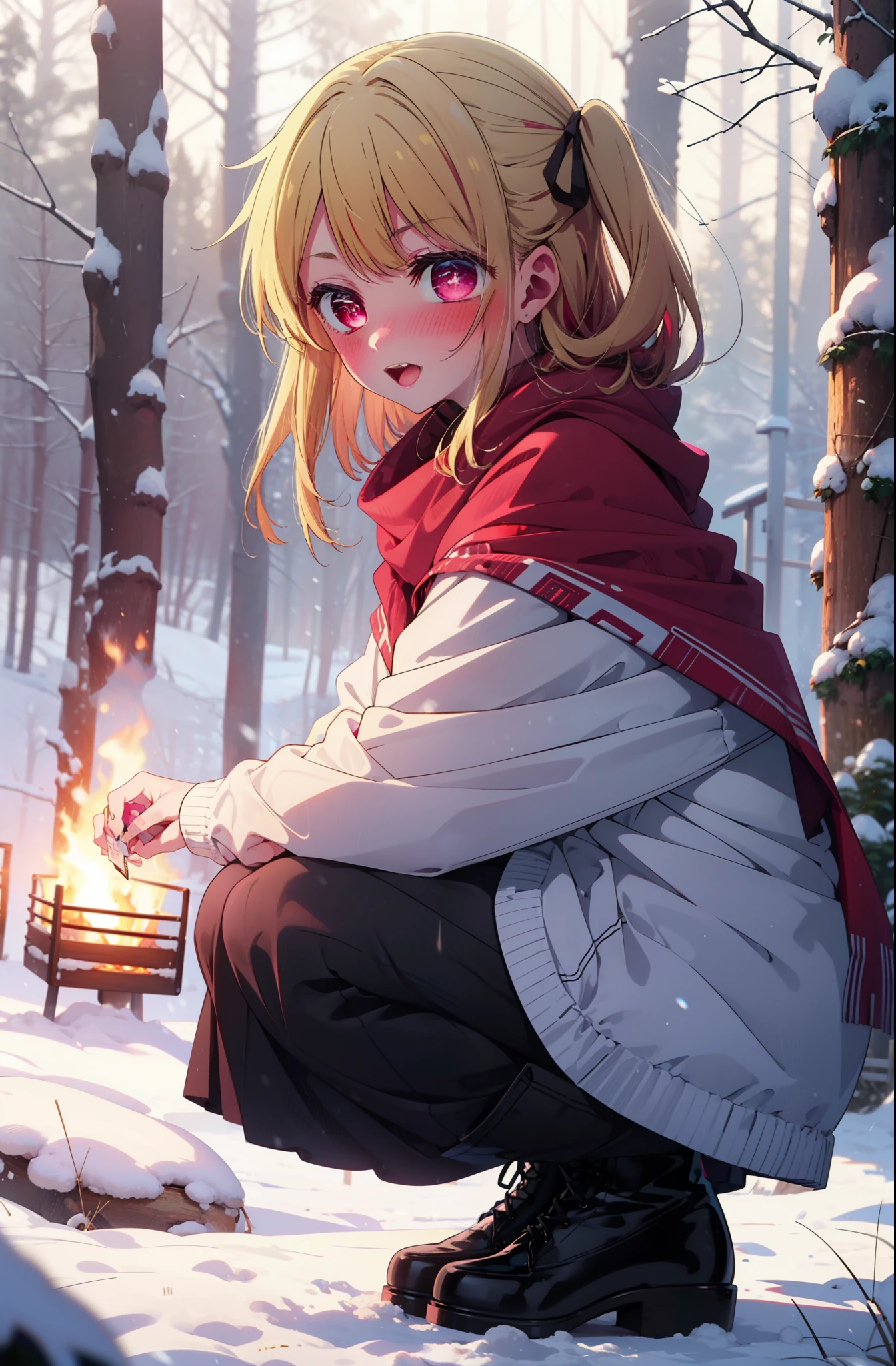 rubyhoshino, Hoshino Ruby, Long Hair, bangs, Blonde Hair, (Pink Eyes:1.3), (Symbol-shaped pupil:1.5), Multicolored Hair, Two-tone hair, smile,blush,White Breath,
Open your mouth,snow,Ground bonfire, Outdoor, boots, snowing, From the side, wood, suitcase, Cape, Blurred, , forest, White handbag, nature, Squat, Mouth closed, Cape, winter, Written boundary depth, Black shoes, red Cape break looking at viewer, Upper Body, whole body, break Outdoor, forest, nature, break (masterpiece:1.2), highest quality, High resolution, unity 8k wallpaper, (shape:0.8), (Beautiful and beautiful eyes:1.6), Highly detailed face, Perfect lighting, Highly detailed CG, (Perfect hands, Perfect Anatomy),
