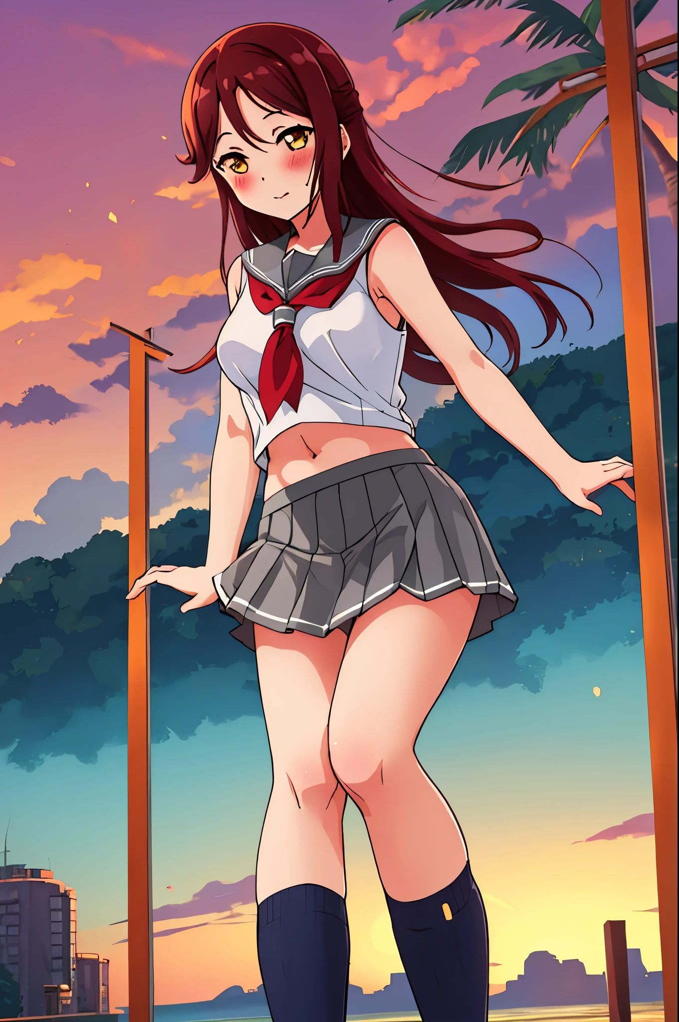 Solo,Sakurauchi riko, long hair, blush, love scene, skirt, sleeveless, pleated skirt, standing, serafuku, grey skirt, uranohoshi ,navel,thicc thighs ,sea in background, sunset time 