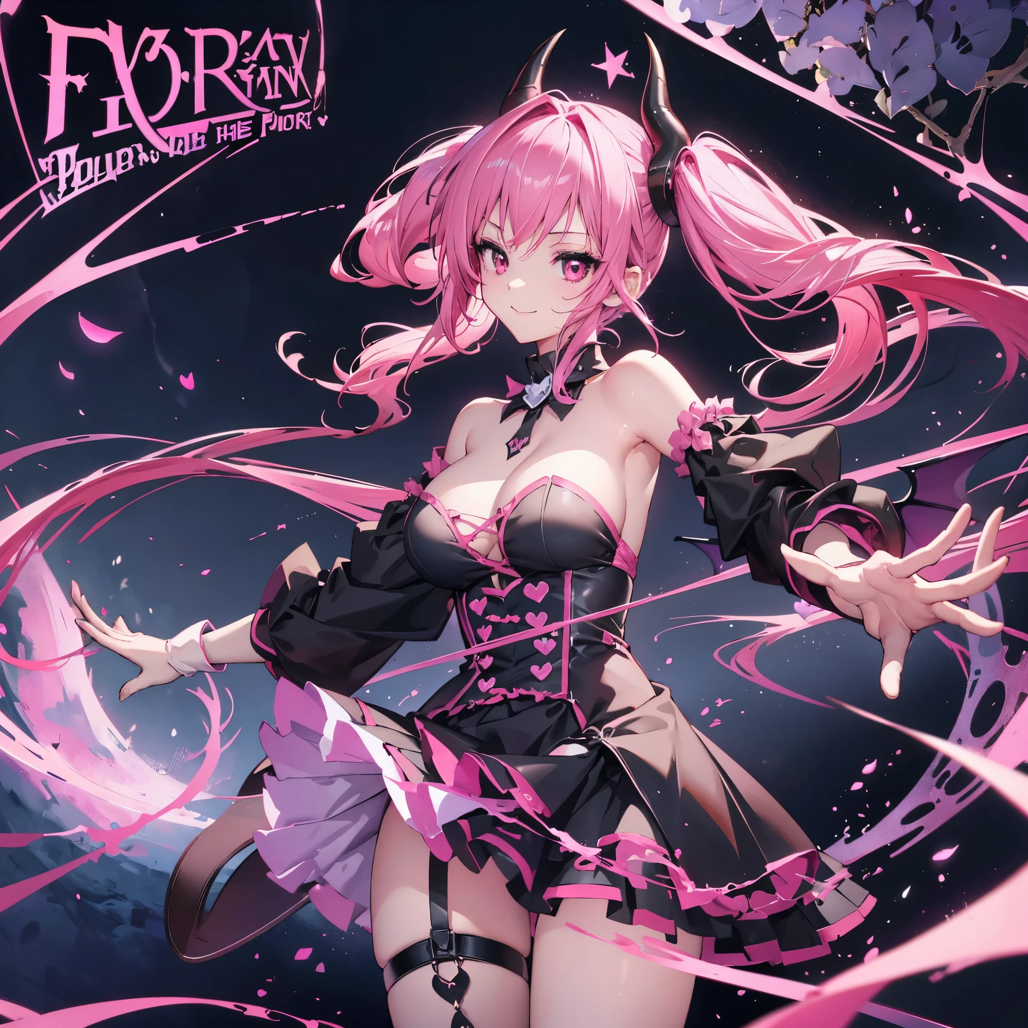 ((Fantasy Pink Hair Please dye the inside of your hair red Twin tails Dull red eyes Succubus Maid clothes Put on a coat without putting your arms through it Bat Wings Wings many times larger than me Lonely Smiling Kindly Devil horns Chest Opening)) ((smile Blood gloves)) (Broken glass City of night star Medieval town) Catch the wind fall Shining Background Light particles, pink glowing edges sign Lots of hearts background Bat Pet Dance