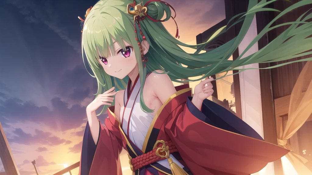 ((masterpiece)),(best quality),Official Art,Extremely detailed CG,Unity 8k Wallpaper,Super detailed,Beautiful and delicate eyes,Extremely detailed face,1 girl,solitary,,(whole body:1.5),(small:1.3),Smile,,Murasame,Very long hair,Green Hair,Face Up,Purple bow,hairpin,Side chains,Bangs,Red Eyes,Neck strap,Red belt,Elegant and beautiful，Cloud sleeve hanfu，Low-priced gold cup，Shining the First Sun