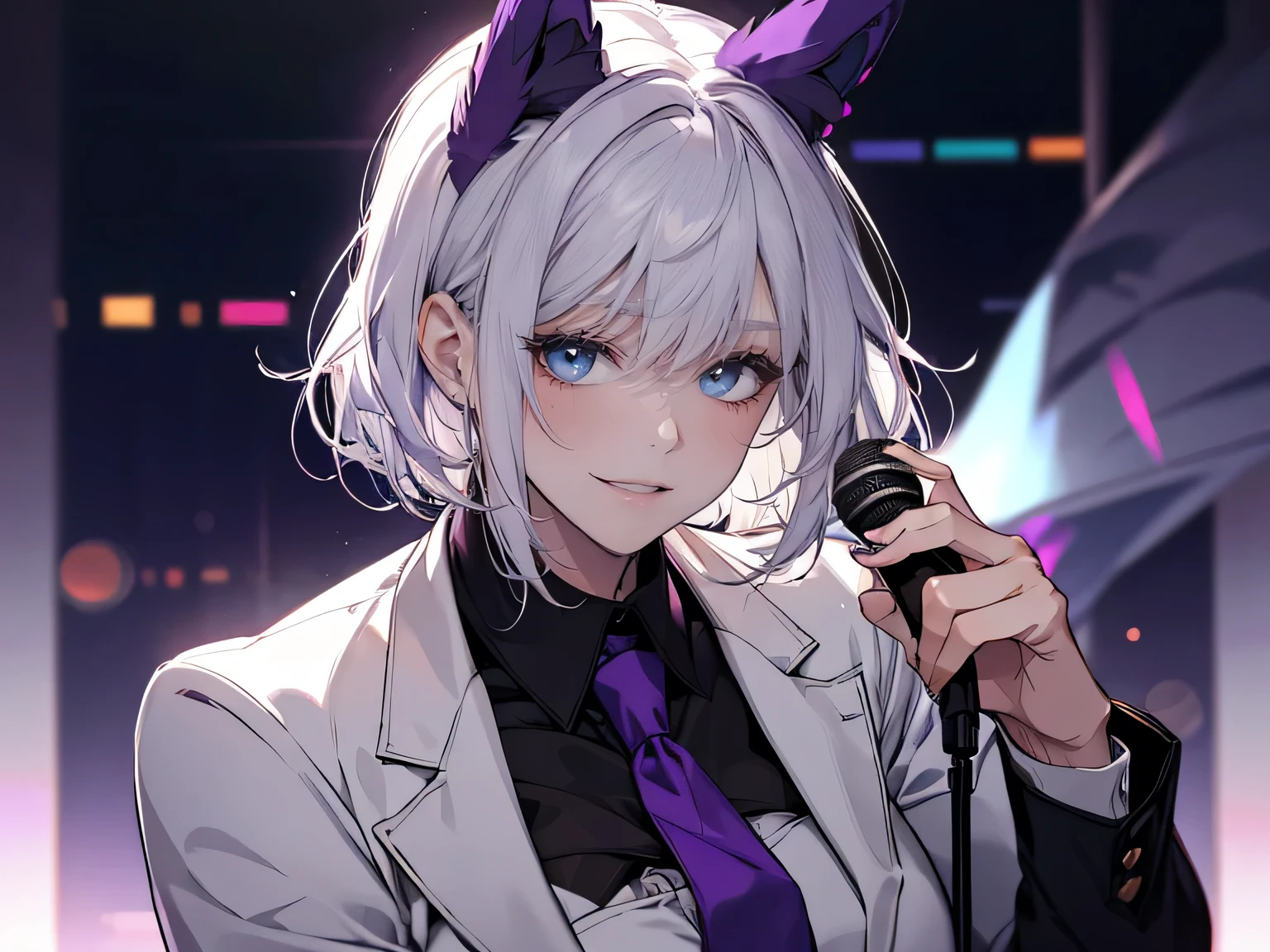 1female, teacher, wearing a white suit, purple tie, bootyshorts, purple bear ears, Thicc, white hair, short hair, glowing blue eyes, face to detail, detailed eyes, the background is a dark place, holding a microphone, smiling, and laughing. Close up.