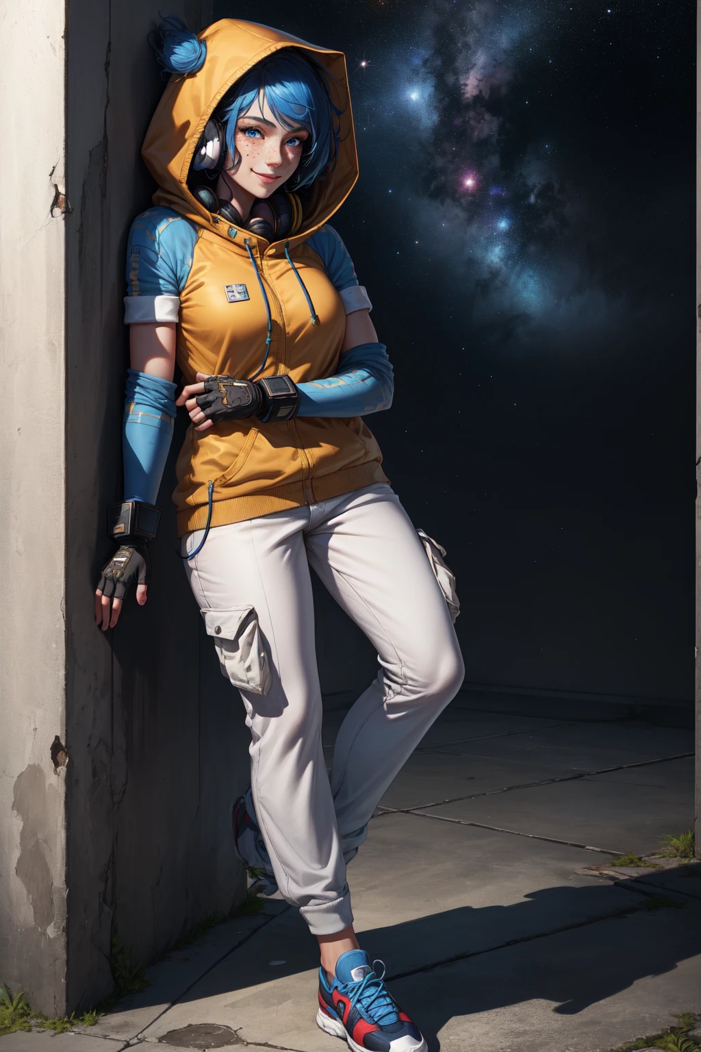 Ava, short blue hair, blue eyes,freckles , standing, leaning on wall, full body, relaxing, smile,  close up, 
AGear,headphones,hood up , fingerless gloves ,pants ,shoes,
outer space, monk temple, 
(insanely detailed, beautiful detailed face, masterpiece, best quality)     