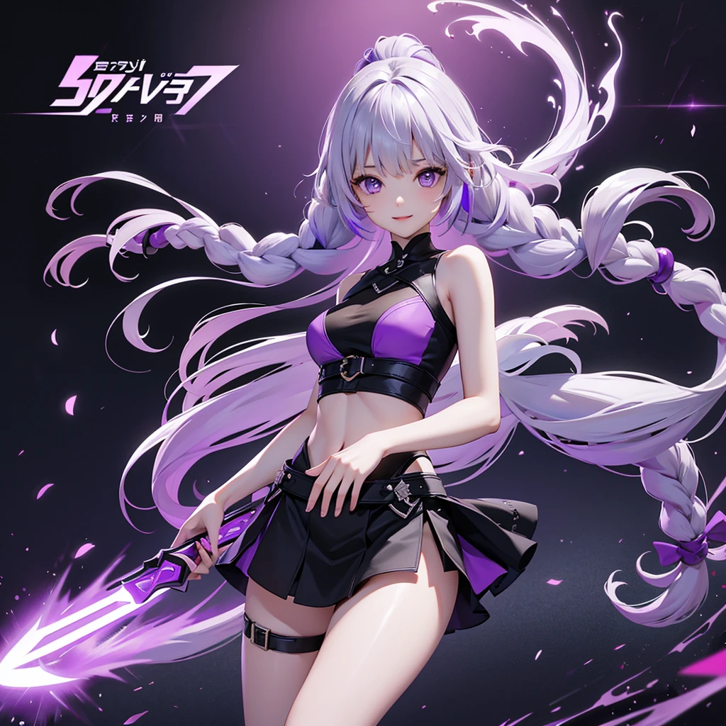 1ztsww1、Movie Posters、Inji、highest quality、Masterpiece、Official Art、16K、Super detailedな目、Super detailed、The best composition、Award-winning works、cyber punk、1 girl、solo、Purple Eyes、Long Hair、Twin braids、The top of the head is milky white, and the hair goes down to purple gradation.、Multicolored Hair、Elbow Handbags、bangs、にLong Hair、Bare shoulders、Black Skirt、Gray Hair、dress、smile、Side cut-outs、Covered navel、Cut out the side、Vehicles of the Future、The speed of the vehicle、Purple light afterimage after running、There is a black hole in the center of the screen and a girl emerges from the center of the hole.、Purple Long Sword、