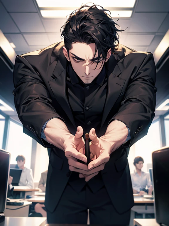 (best quality, masterpiece, 8K, photorealistic, cinematic lighting, hdr image, ultra detailed, beautiful image), 1 man, 31 years old, mature man, very handsome, (without expression, serious), short black hair, black eyes ( penetrating gaze), imposing posture, businessman, office background