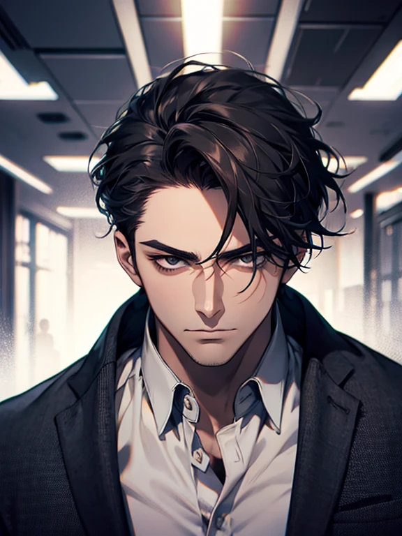 (best quality, masterpiece, 8K, photorealistic, cinematic lighting, hdr image, ultra detailed, beautiful image), 1 man, 31 years old, mature man, very handsome, (without expression, serious), short black hair, black eyes ( penetrating gaze), imposing posture, businessman, office background