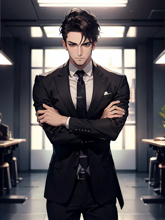 (best quality, masterpiece, 8K, photorealistic, cinematic lighting, hdr image, ultra detailed, beautiful image), 1 man, 31 years old, mature man, very handsome, (without expression, serious), short black hair, black eyes ( penetrating gaze), imposing posture, businessman, office background