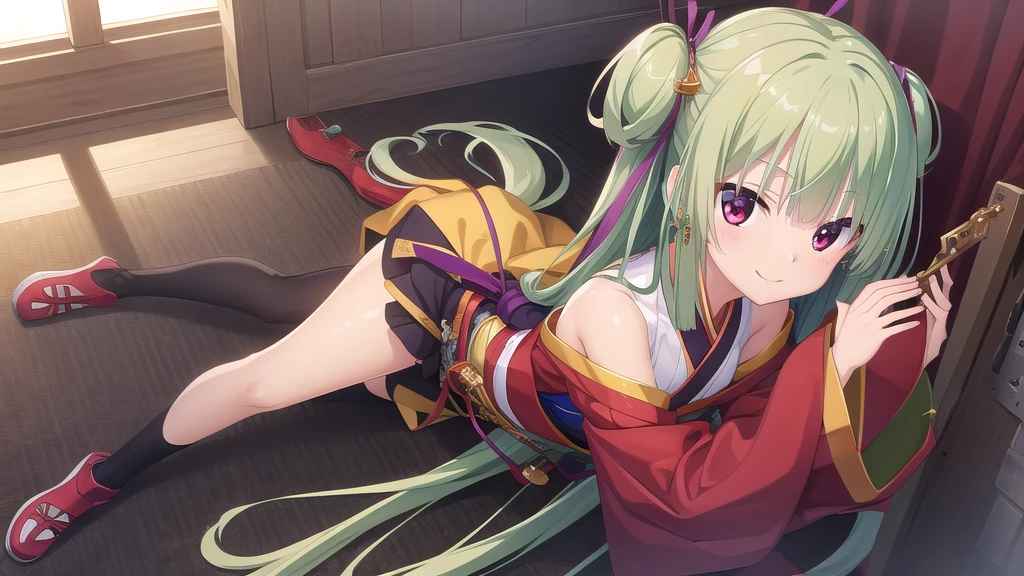 ((masterpiece)),(best quality),Official Art,Extremely detailed CG,Unity 8k Wallpaper,Super detailed,Beautiful and delicate eyes,Extremely detailed face,1 girl,solitary,,(whole body:1.5),(small:1.3),Smile,,Murasame,Very long hair,Green Hair,Face Up,Purple bow,hairpin,Side chains,Bangs,Red Eyes,Neck strap,Red belt,Elegant and beautiful，Cloud sleeve hanfu，Low-priced gold cup，Shining the First Sun