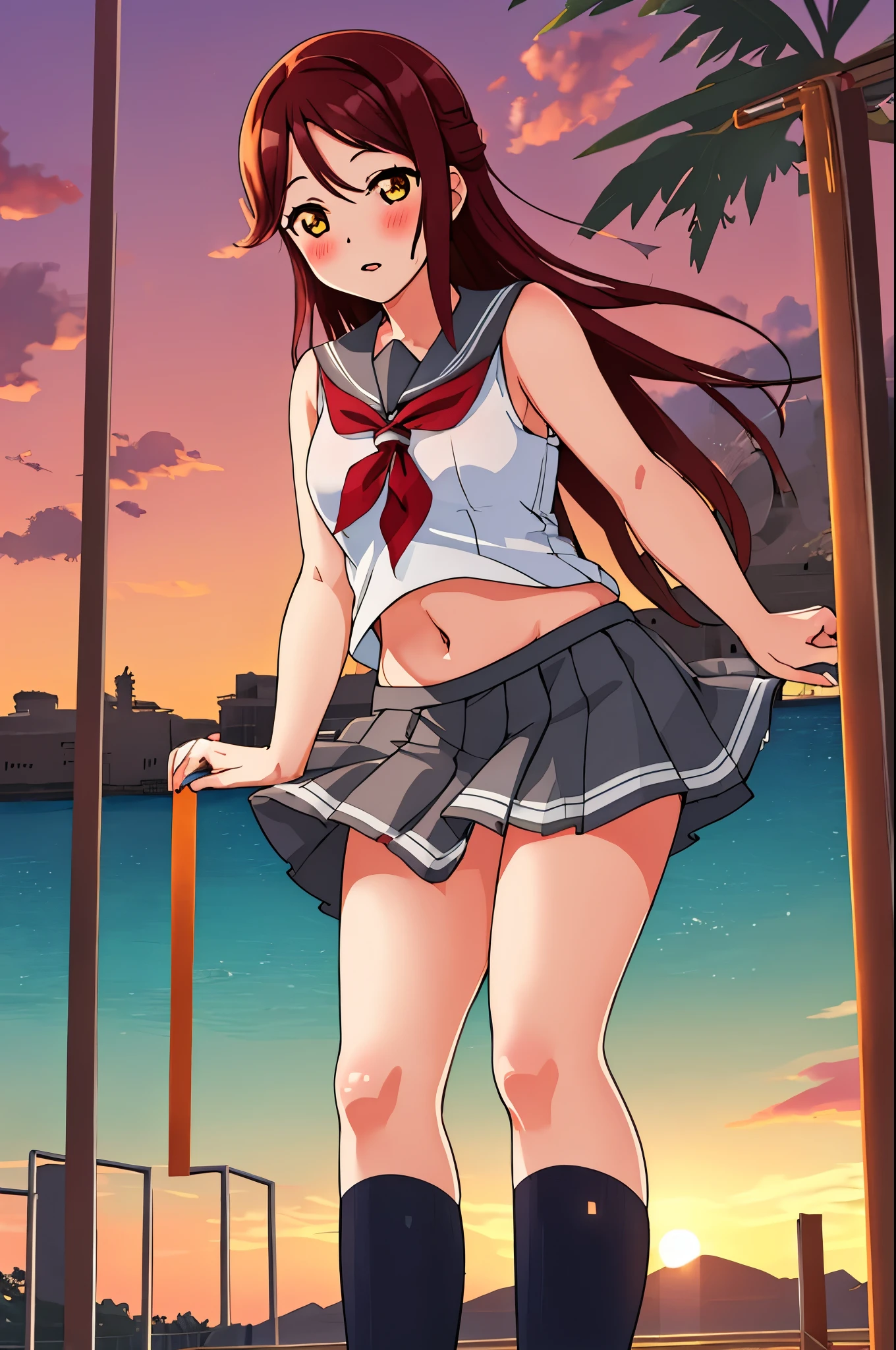 Masterpiece,best quality,Solo, cowboy shot,Sakurauchi riko, long hair, blush, love scene, skirt, sleeveless, pleated skirt, standing, serafuku, grey skirt, uranohoshi ,navel,thicc thighs ,sea in background, sunset time 