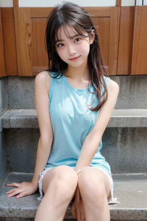 Sitting with legs crossed, Ecstatic expression, Cute junior high school girl, Looking at me, Sexy face, With legs apart, Soaking wet