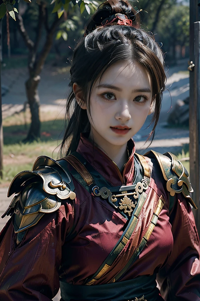 Game Art,Best picture quality,Maximum resolution,8K,(A bust photo),(Half-length portrait:1.5),(Head close-up),(Rule of Thirds),Unreal Engine 5 rendering works, (Future Girl),(Female Warrior),
20-year-old girl,(ancient chinese warrior),(Short ponytail hairstyle),Eyes full of details,(Large Breasts),Elegant and noble,indifferent,(Smile),
(Chinese martial arts element costumes,figure服飾,armor,The costume is red and gold,Heavy Armor,Joint armor),(Chinese Hanfu:1.3),figure,Fantasy style,
Photo poses,Field background,light,Ray Tracing,Game CG,((3D Unreal Engine)),oc rendering reflection pattern