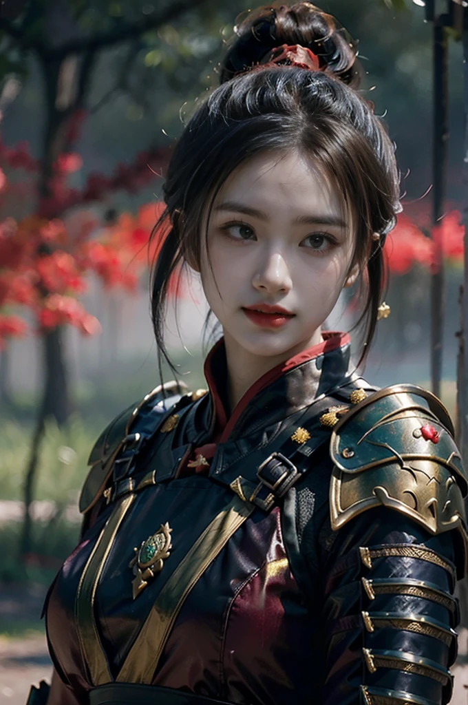 Game Art,Best picture quality,Maximum resolution,8K,(A bust photo),(Half-length portrait:1.5),(Head close-up),(Rule of Thirds),Unreal Engine 5 rendering works, (Future Girl),(Female Warrior),
20-year-old girl,(ancient chinese warrior),(Short ponytail hairstyle),Eyes full of details,(Large Breasts),Elegant and noble,indifferent,(Smile),
(Chinese martial arts element costumes,figure服飾,armor,The costume is red and gold,Heavy Armor,Joint armor),(Chinese Hanfu:1.3),figure,Fantasy style,
Photo poses,Field background,light,Ray Tracing,Game CG,((3D Unreal Engine)),oc rendering reflection pattern