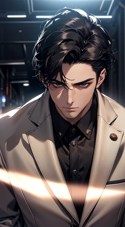(best quality, masterpiece, 8K, photorealistic, cinematic lighting, hdr image, ultra detailed, beautiful image), a mature man, very handsome, serious, short black hair, black eyes, perfect face without errors, ((buttoning the jacket, CEO))