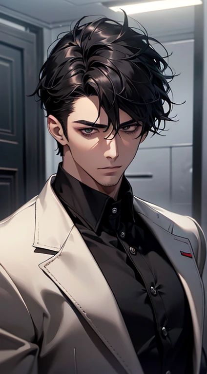 (best quality, masterpiece, 8K, photorealistic, cinematic lighting, hdr image, ultra detailed, beautiful image), a mature man, very handsome, serious, short black hair, black eyes, perfect face without errors, ((buttoning the jacket, CEO))