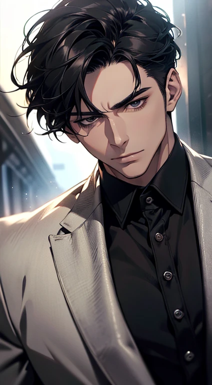 (best quality, masterpiece, 8K, photorealistic, cinematic lighting, hdr image, ultra detailed, beautiful image), a mature man, very handsome, serious, short black hair, black eyes, perfect face without errors, ((buttoning the jacket, CEO))