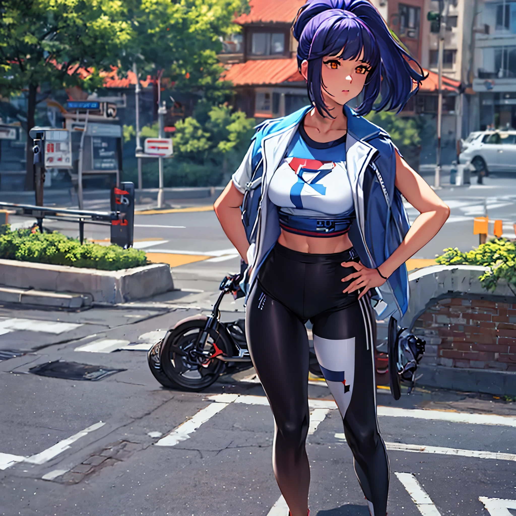 A woman with blue purple hair, ponytail hair, wearing a white cropped shirt, exposed abdomen, full body, wearing a blue purple leather jacket, tight black pants, black sports sneakers, orange eyes, walking in the concrete parking lot with yellow stripe, in monument-valley, mountains in the background, yellow lawn outside the road, high voltage pole in the background.Surrealism, drop shadow, anaglyph, stereogram, tachi-e, pov, atmospheric perspective, depth of field, sparkle, bloom, 8k, super detail, ccurate, best quality, highres, high details, 8k, textured skin, anatomically correct

