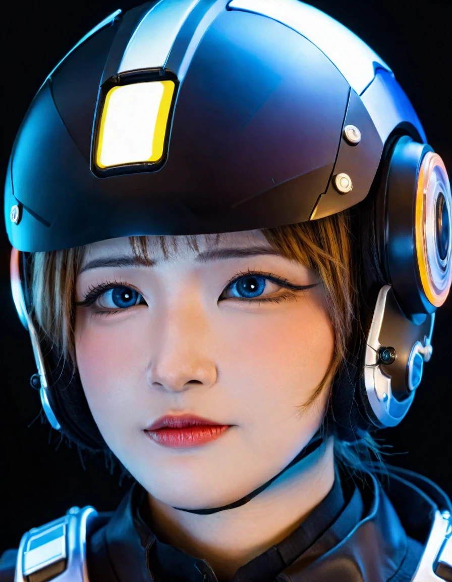 Create a portrait inspired by a futuristic sci-fi theme, The character is wearing a detailed helmet. Helmet with goggles,Can display complex light patterns, Embellished with neon blue highlights,Stands out in the dark, Smooth surface. The helmet's complex texture reflects advanced technology, With subtle hints of cables and mechanical parts. The helmet has subtle reflections on its surface,It appears very smooth, The character's majestic posture conveys power. The face is covered, It adds an air of mystery. Background blurred with bokeh lights, Hint City, Probably a nocturnal activity. The design of the helmet is reminiscent of video game armor or concept art, Evoke the essence of an advanced soldier or character.