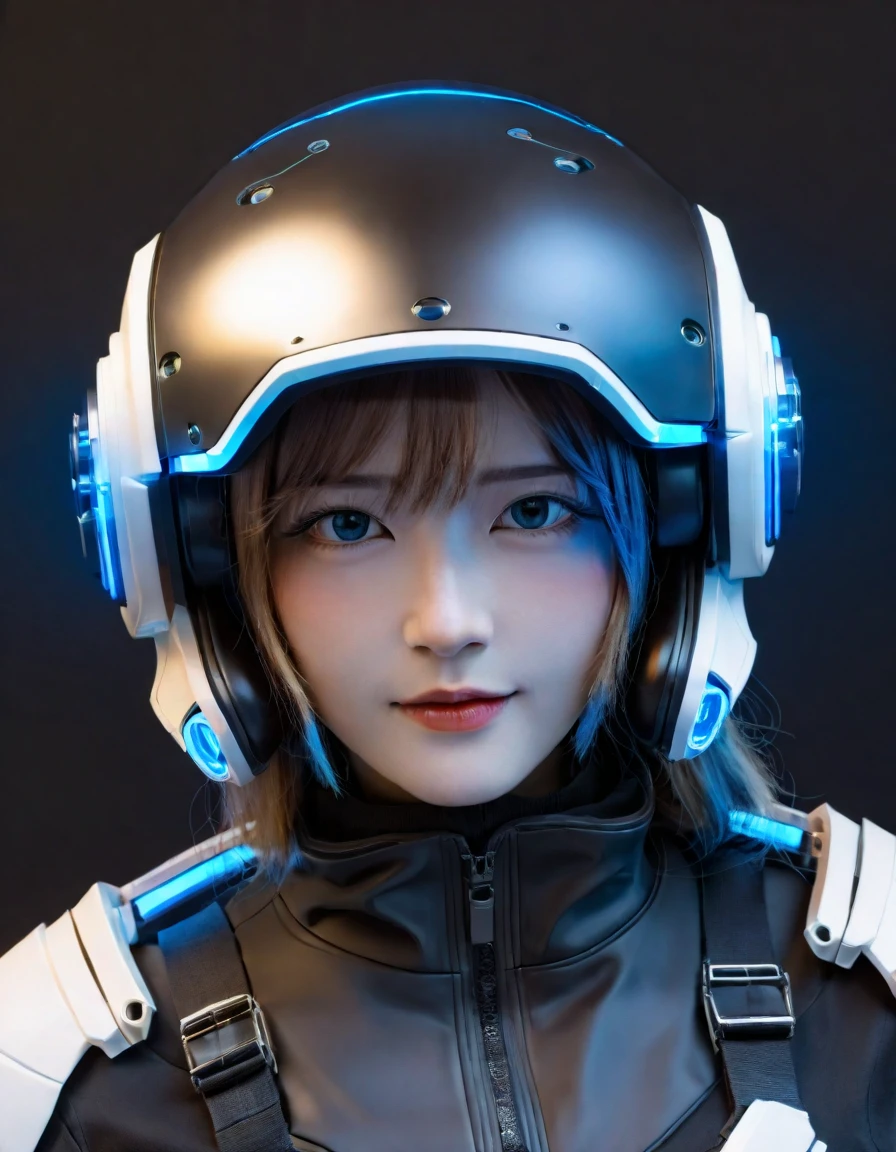Create a portrait inspired by a futuristic sci-fi theme, The character is wearing a detailed helmet. Helmet with goggles,Can display complex light patterns, Embellished with neon blue highlights,Stands out in the dark, Smooth surface. The helmet's complex texture reflects advanced technology, With subtle hints of cables and mechanical parts. The helmet has subtle reflections on its surface,It appears very smooth, The character's majestic posture conveys power. The face is covered, It adds an air of mystery. Background blurred with bokeh lights, Hint City, Probably a nocturnal activity. The design of the helmet is reminiscent of video game armor or concept art, Evoke the essence of an advanced soldier or character.