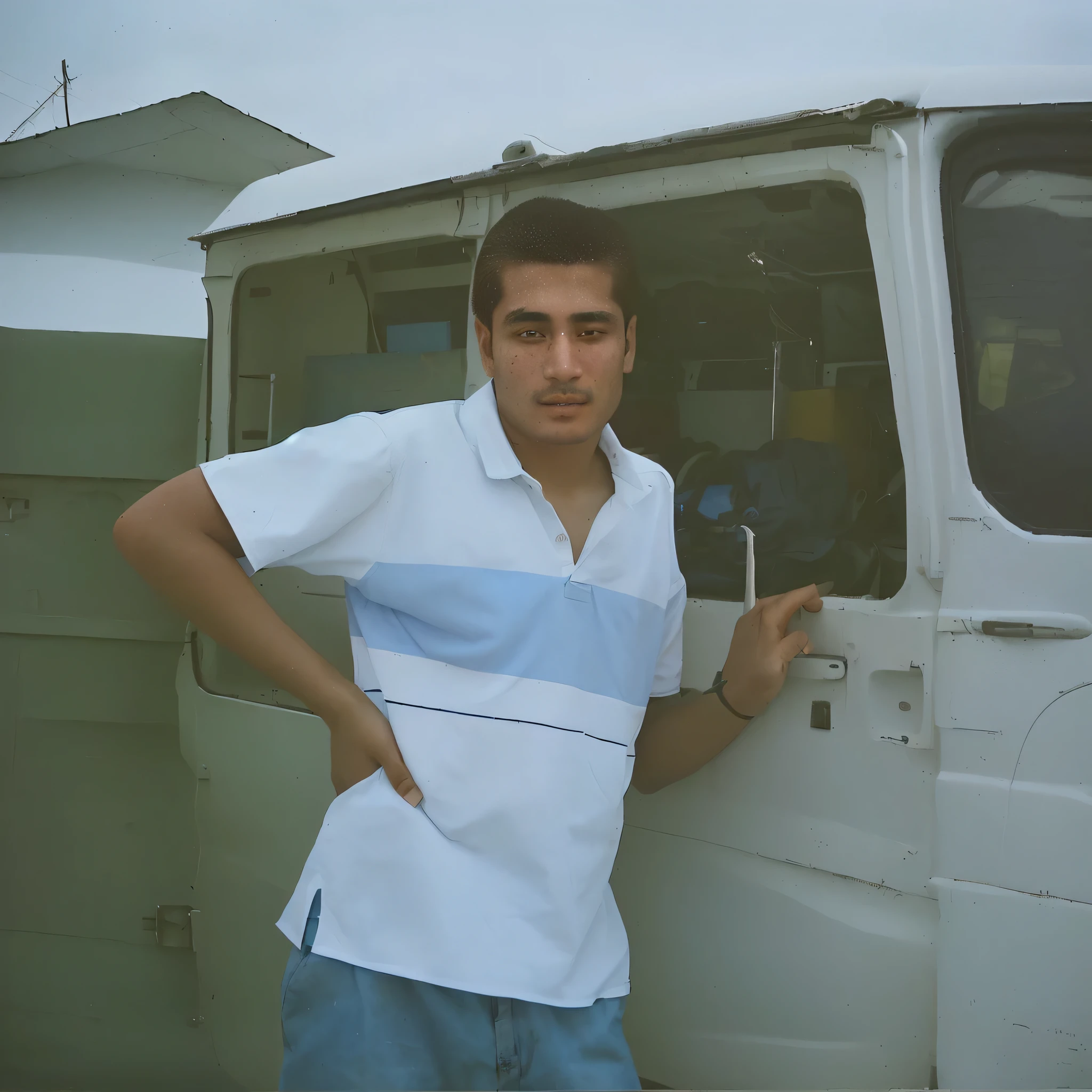 there is a man standing next to a white van with a blue stripe, around 1 9 years old, taken in the early 1990s, taken in the mid 2000s, taken in the late 1980s, front view 2 0 0 0, khyzyl saleem, taken in 1 9 9 7