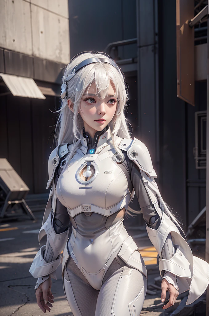 White hair girl suit ai entertainment image, At sunrise, contemporary, Full of hope, panfuturism, Dramatic spotlight, Lots of details, Extremely detailed CG unity 8k wallpaper