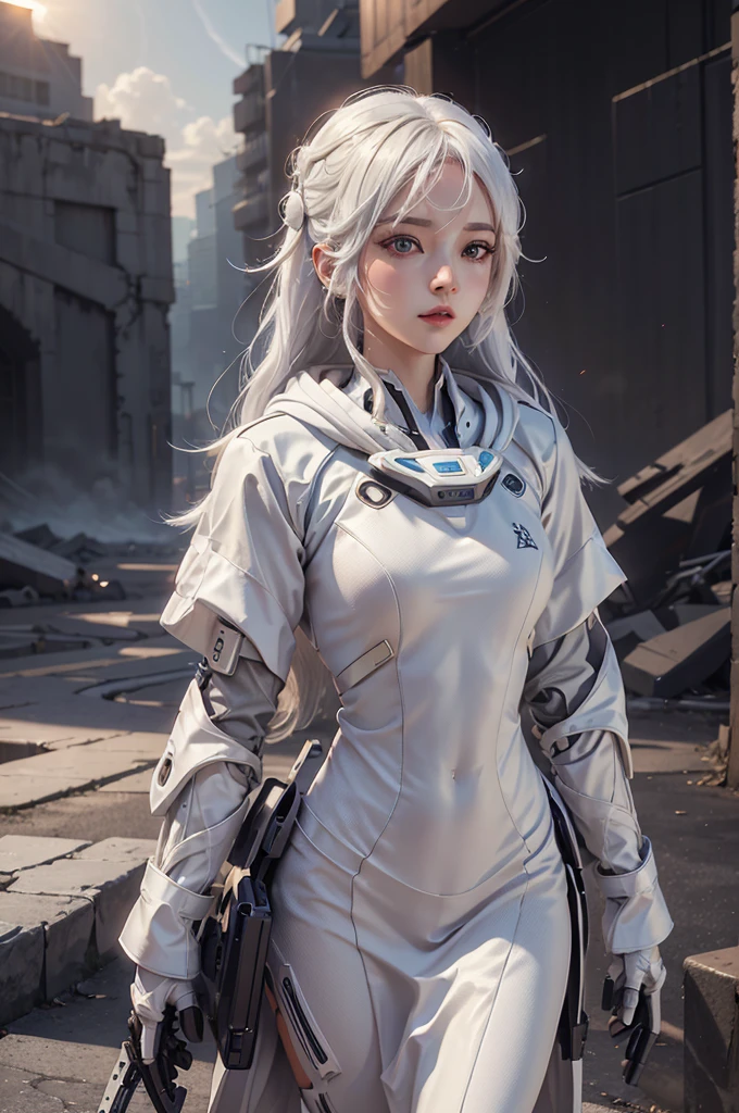 White hair girl suit ai entertainment image, At sunrise, contemporary, Full of hope, panfuturism, Dramatic spotlight, Lots of details, Extremely detailed CG unity 8k wallpaper