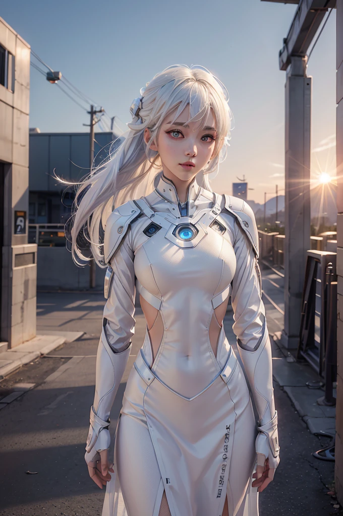 White hair girl suit ai entertainment image, At sunrise, contemporary, Full of hope, panfuturism, Dramatic spotlight, Lots of details, Extremely detailed CG unity 8k wallpaper