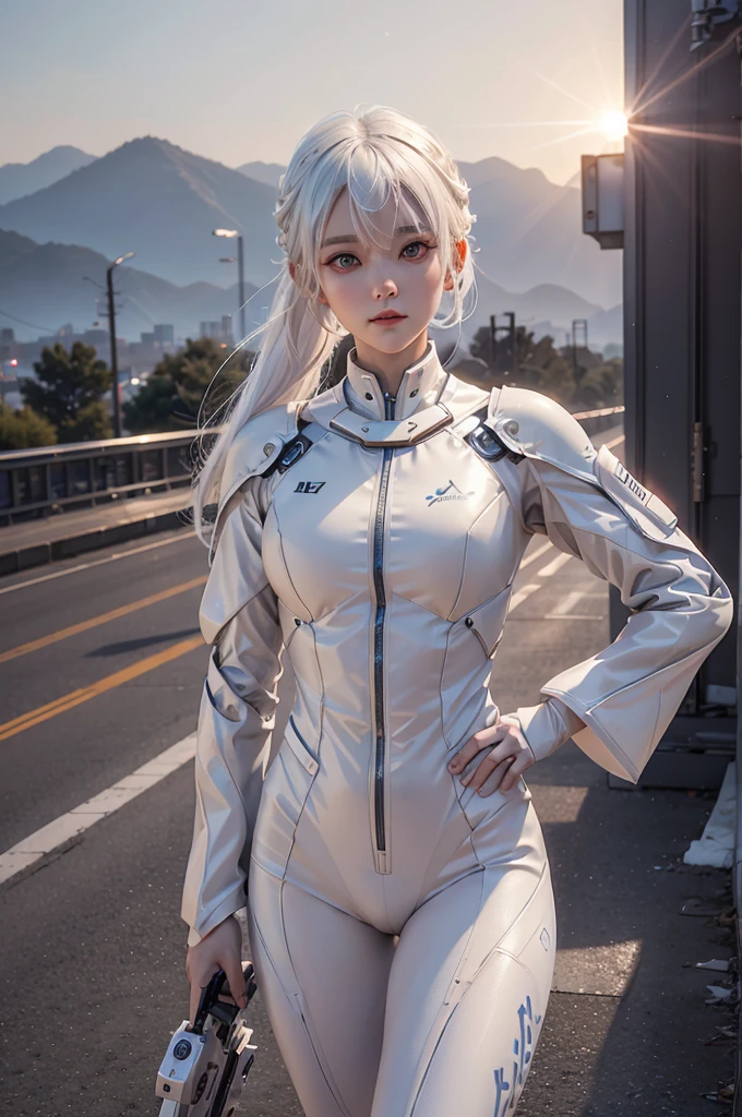 White hair girl suit ai entertainment image, At sunrise, contemporary, Full of hope, panfuturism, Dramatic spotlight, Lots of details, Extremely detailed CG unity 8k wallpaper