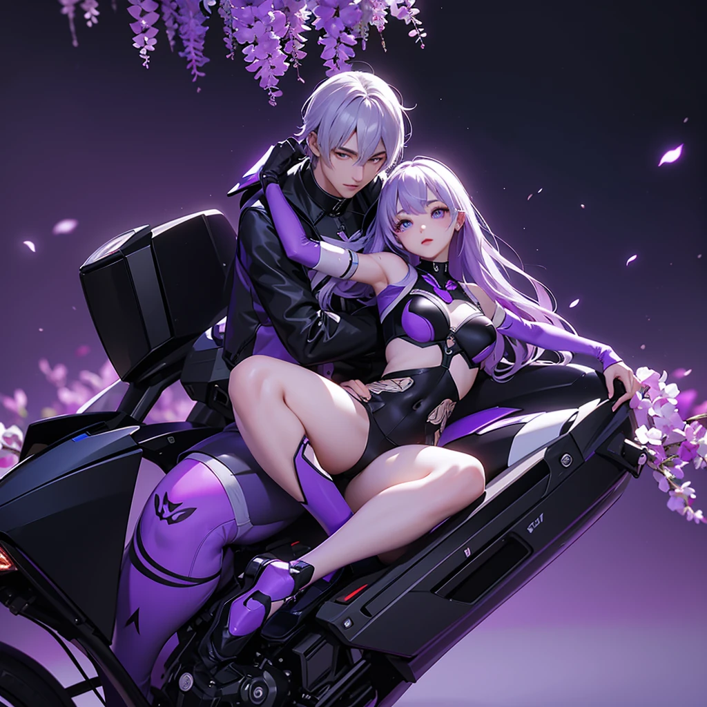 highest quality、Masterpiece、Official Art、16K、The best composition、The best light source、Super detailed、super beautiful、Super detailedな目、A futuristic couple riding a motorcycle, the girl is sitting behind the boy and hugging him from behind with her arms around his stomach、The bike is futuristic and purple neon、Boys have gray hair、The picture frame is a fractal art of wisteria trellis and the purple LED joint lighting creates a fantastic effect、