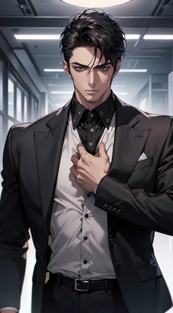 (best quality, masterpiece, 8K, photorealistic, cinematic lighting, hdr image, ultra detailed, beautiful image), a mature man, very handsome, serious, short black hair, black eyes, perfect face without errors, ((buttoning the jacket, CEO))