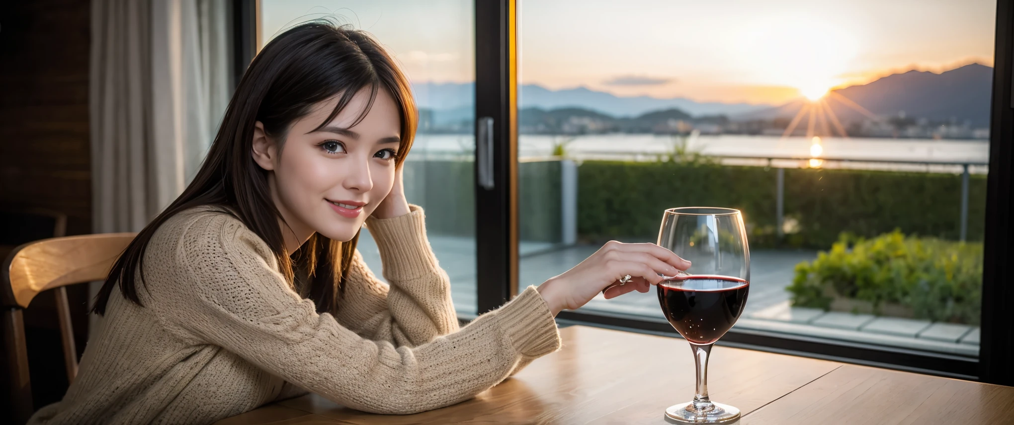 ((highest quality、8k、masterpiece:1.3))、1 male 1 female、Couple、lover、Couple、slimなボディ、((Bob Hale、Straight hair:1.2))、(Realistic, Intricate details:1.2), テーブルにwine glass、Put the light on your face、 Amazing view of the sunset sky and clouds、Amazing mountain views、ニコニコ明るいsmile、smileの素敵な女性、Bright image、2. The beauty of wine, Beautiful Face, blue eyes, The light shines on your face, Blushing, short hair,Bright Face、Fox face、 (40 years old), 39 years old, Lady、red wine 、Appetizers、Italian food、Wine bottle、Champagne、sparkling wine、Two beauties、Brown Hair、Shortcuts、Long sleeve shirt、dress、Pretty Woman 1, (slimな顔), (The body is slim), (Brown Hair), (Shortcuts), cheeks turn a little red,Attractive beauty、, Out of the window, A beautiful and detailed night view unfolds.........., restaurant, In a prominent place (From the waist up) Nova Frog Style, actress, model, Upper Body, White wine, slim, wine glass, 真ん中に置かれたwine glass, smile, (smile: 1.15), Beautiful fine grain, Depth f/2,saturation, High Contrast, Strong light and shadow,Moist Body:1.5、3D texture、Delicate eyes、Brown Hair、The hair is very shiny、