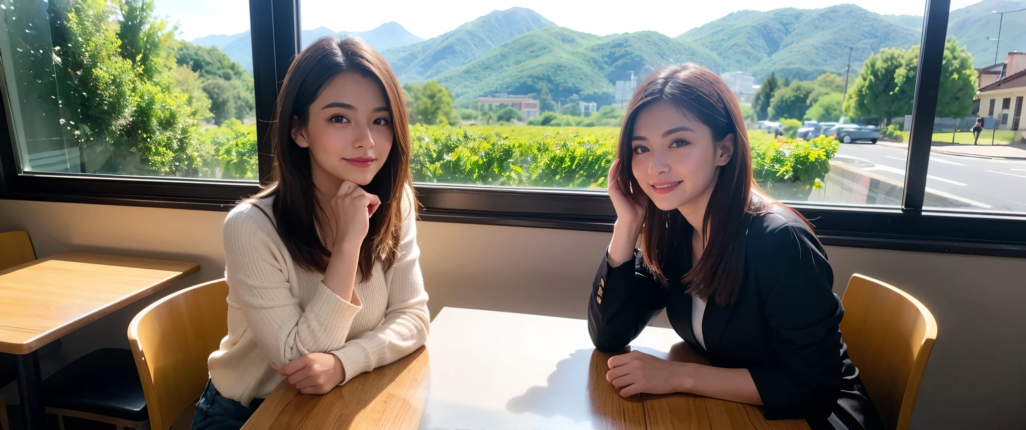 ((highest quality、8k、masterpiece:1.3))、1 male 1 female、Couple、lover、Couple、slimなボディ、((Bob Hale、Straight hair:1.2))、(Realistic, Intricate details:1.2), テーブルにwine glass、Put the light on your face、 Amazing view of the sunset sky and clouds、Amazing mountain views、ニコニコ明るいsmile、smileの素敵な女性、Bright image、2. The beauty of wine, Beautiful Face, blue eyes, The light shines on your face, Blushing, short hair,Bright Face、Fox face、 (40 years old), 39 years old, Lady、red wine 、Appetizers、Italian food、Wine bottle、Champagne、sparkling wine、Two beauties、Brown Hair、Shortcuts、Long sleeve shirt、dress、Pretty Woman 1, (slimな顔), (The body is slim), (Brown Hair), (Shortcuts), cheeks turn a little red,Attractive beauty、, Out of the window, A beautiful and detailed night view unfolds.........., restaurant, In a prominent place (From the waist up) Nova Frog Style, actress, model, Upper Body, White wine, slim, wine glass, 真ん中に置かれたwine glass, smile, (smile: 1.15), Beautiful fine grain, Depth f/2,saturation, High Contrast, Strong light and shadow,Moist Body:1.5、3D texture、Delicate eyes、Brown Hair、The hair is very shiny、