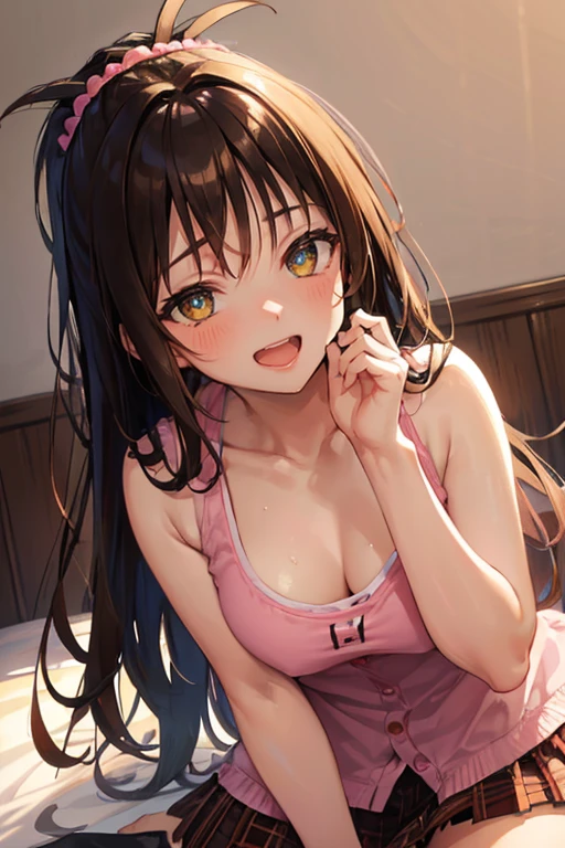 NSFW,((1man with 1woman,Having sex)),Lying down,show off nipple,yuuki mikan, (Brown eyes:1.7), Brown hair, Hair Ornament, hair scrunchie, Long hair, pink scrunchie, Scrunchie, (flat chest:1.2), Break Green Skirt, Plaid, plaid skirts, Southwest College Uniform, , Yellow vest,Skirt,(masutepiece:1.2), Best Quality, High resolution, Unity 8k Wallpaper, (Illustration:0.8), (Beautiful detailed eyes:1.6), extra detailed face, Perfect Lighting, extremely details CG, (Perfect hands, Perfect Anatomy),Persistent stare, Looking at the viewer, yandere trance, yandere, hands on own face,hands on own cheeks, blank eye, Yanderes Mile,Smile with open mouth,High resolution,Best Quality