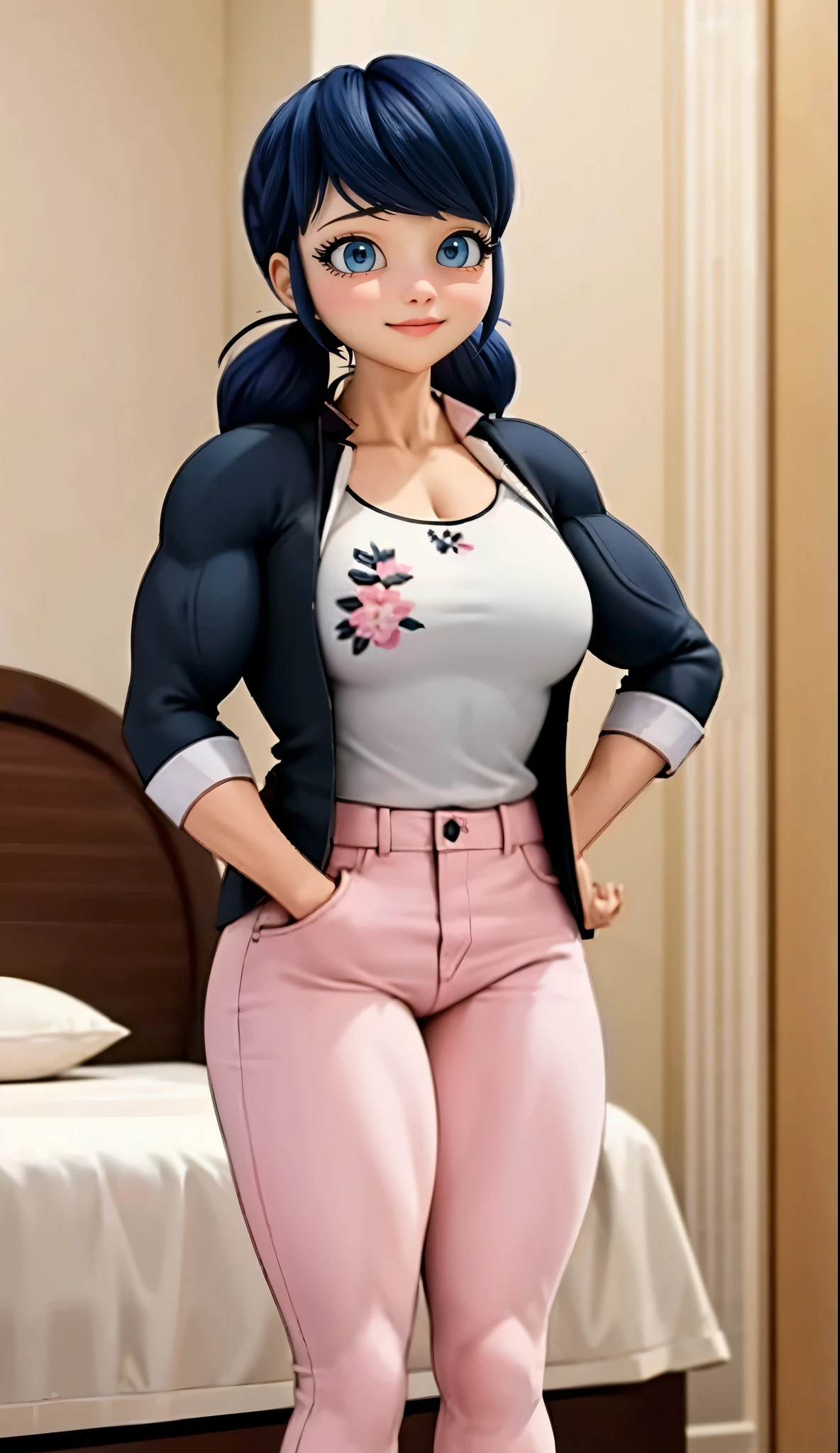 Create an illustration of Marinette Dupain-Cheng from Miraculous: Tales of Ladybug & Cat Noir as a big, muscular female bodybuilder. Marinette should maintain her iconic appearance, including her blue-black hair styled in twin pigtails with red hair ties. Her facial features should remain soft and recognizable, with her big blue eyes and sweet, friendly expression. Marinette's physique should be dramatically transformed to that of a professional bodybuilder, with well-defined muscles showcasing her strength.(big muscular female bodybuilder, beautiful detailed eyes, beautiful detailed lips:1.1,strong physique, two short pigtails, (smile), ( Marinette wears a white printed shirt ), ((( dark pink jean's , plane jean's, without pattern))) black jacket,, and ballet flats.), lifting weight, muscular arms and legs:1.2, toned abs, powerful expression,sweating:1.1, bed background:0.9, intense focus:1.1, vibrant colors, dramatic lighting), rippling muscles,sturdy frame,dark tan,fit around the waist,tight abs,strong arms and shoulders,intense expression,determined look,well-defined muscles and veins,straining muscles,artistic pose,steely gaze,side lighting,powerful presence,vivid colors,dynamic composition,studio lighting,physically-based rendering,athletic build,bodybuilding silhouette,professional,gritty texture,bokeh. Her arms should be thick and powerful, with pronounced biceps and triceps. Her shoulders should be broad and sculpted, leading to a wide chest and muscular torso, with visible abs. Her legs should be strong and toned, with well-defined quads and calves. Despite her muscular build, Marinette should still be wearing her typical outfit from the show: a white t-shirt with a black floral pattern, a light pink blazer, dark skinny jeans, and pink ballet flats. The clothing should be form-fitting to accentuate her muscular physique, but still look comfortable and stylish. Her blazer sleeves can be rolled up to reveal her strong forearms, and the t-shirt should fit snu